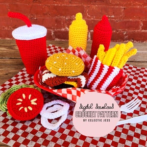 Fast Foodie Combo Meal Crochet PATTERN ONLY, Crochet Burger, Cheeseburger, Fast Food, Play Food, French Fries, Crochet Food, Crochet Fries