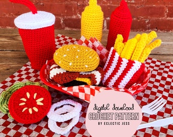 Fast Foodie Combo Meal Crochet PATTERN ONLY, Crochet Burger, Cheeseburger, Fast Food, Play Food, French Fries, Crochet Food, Crochet Fries