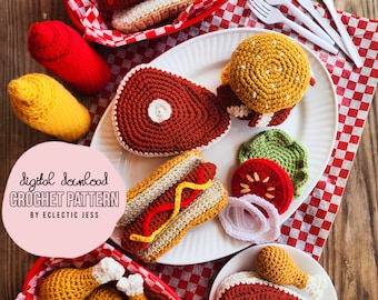 Backyard BBQ Crochet Cookout PATTERN ONLY, Crochet Food, Amigurumi Food, Crochet Barbecue Play Food, Crochet bbq, Crochet Burger, Steak