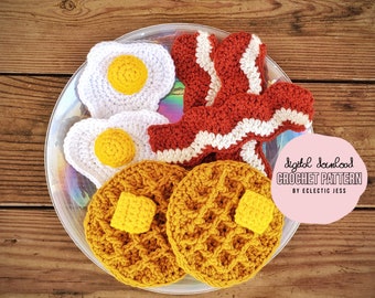 Sunday Breakfast Crochet PATTERN ONLY Crochet Food, Amigurumi Food, Crochet, Waffle, Egg, Bacon, Crochet Breakfast Play Food