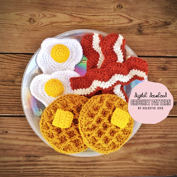 Sunday Breakfast Crochet PATTERN ONLY Crochet Food, Amigurumi Food, Crochet, Waffle, Egg, Bacon, Crochet Breakfast Play Food