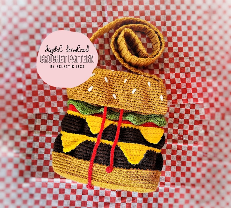 Cheeseburger Bag Crochet PATTERN ONLY Crochet Food, Amigurumi Food, Crochet Burger, Burger Bag, Quirky Bag, Crossbody, Purse, DIY Crochet image 1
