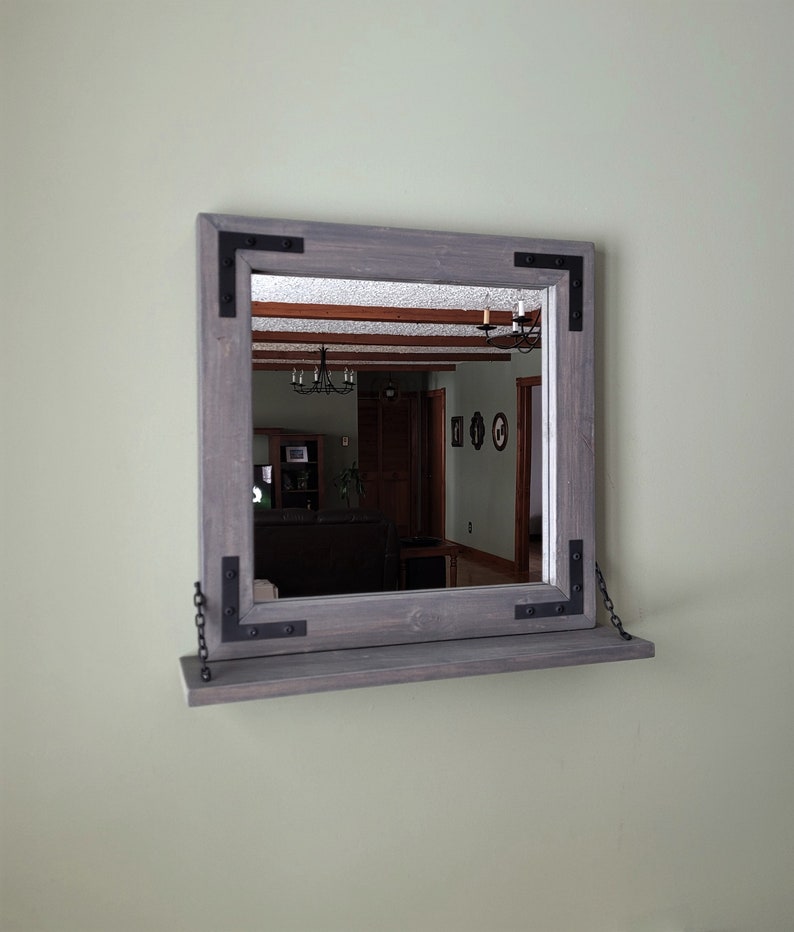 Solid Wood Rustic Industrial Wall Mirror With Shelf Etsy