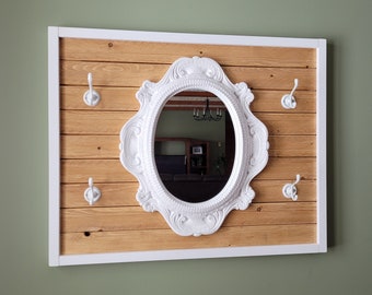 Entryway wall mirror with white frame and hooks, 24inches x 30 inches