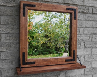 Solid Wood Rustic Industrial Wall Mirror With Shelf