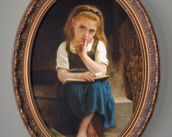 WILLIAM BOUGUEREAU art print on canvas, in oval frame.