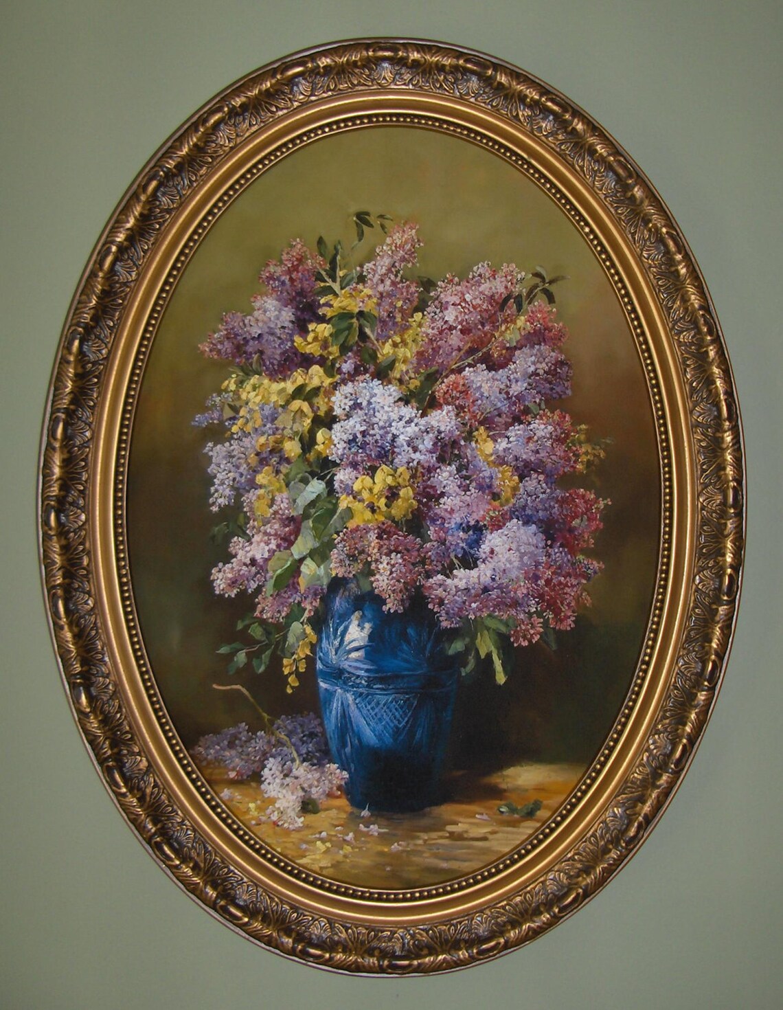 FLORAL Art Print on Canvas in Oval Frame With Antique Gold Etsy