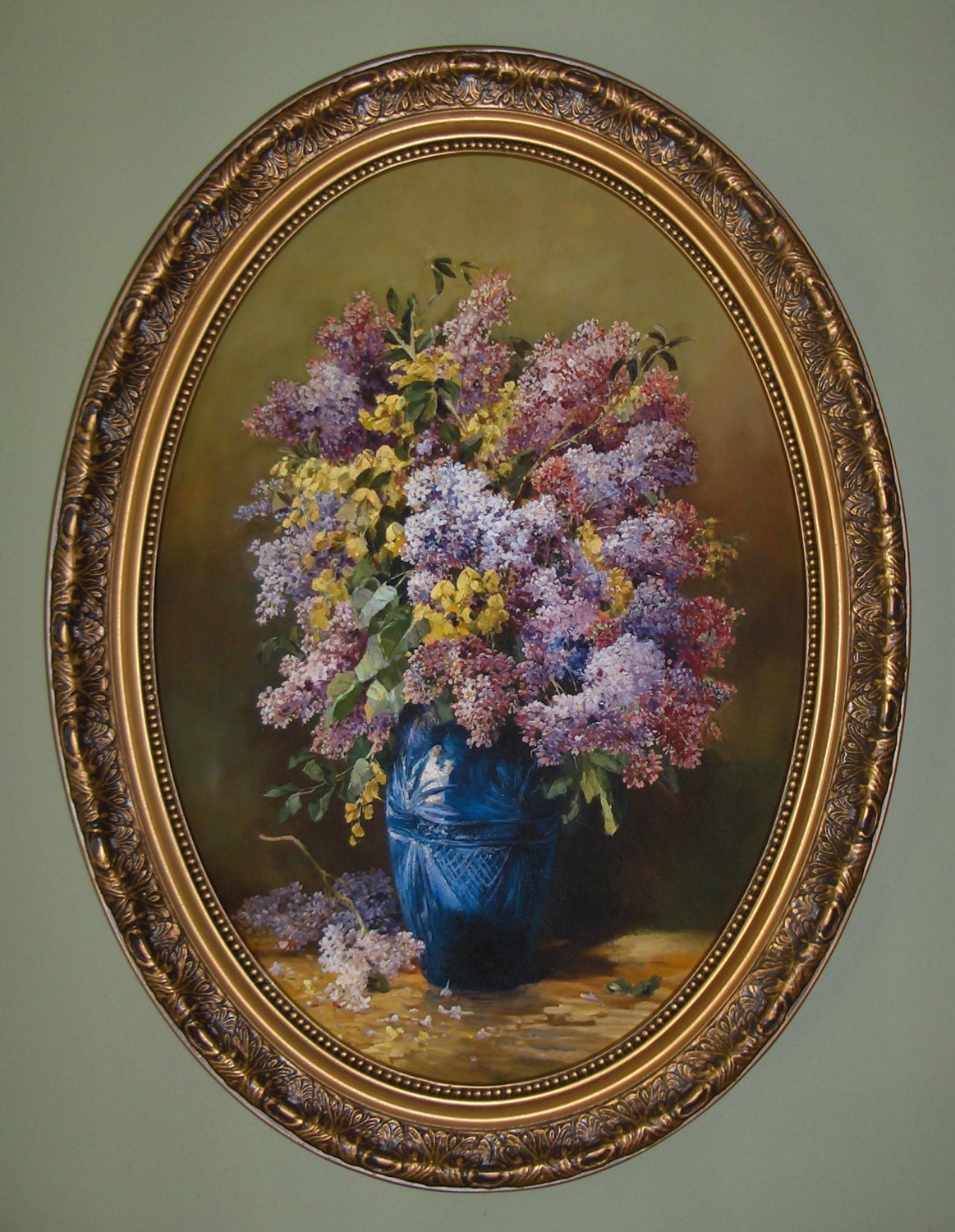 FLORAL art print on canvas in oval frame with antique gold Etsy