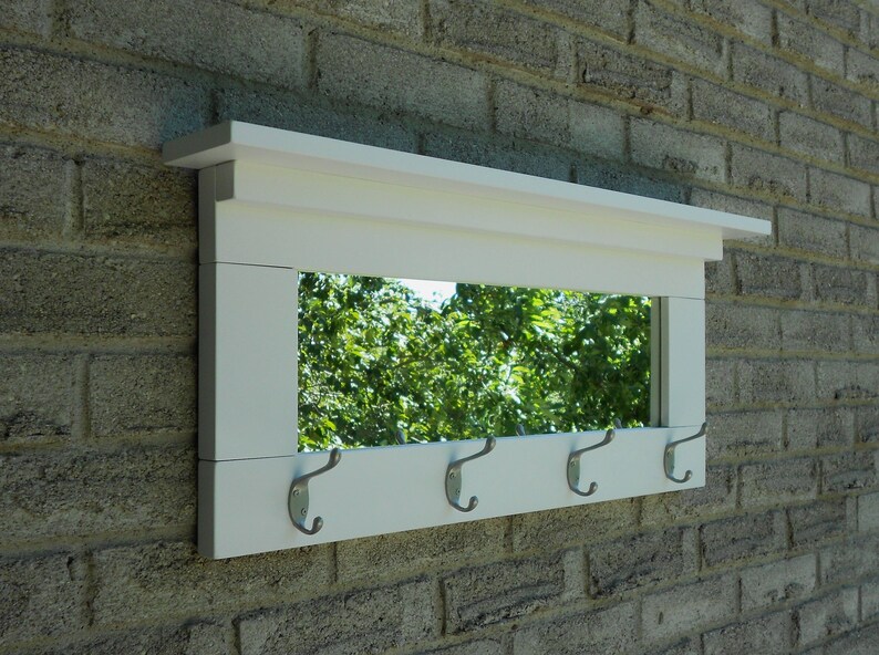 White Entryway Mirror With Satin Nickel Hooks Coat Rack Wall Hook Entry Fixture