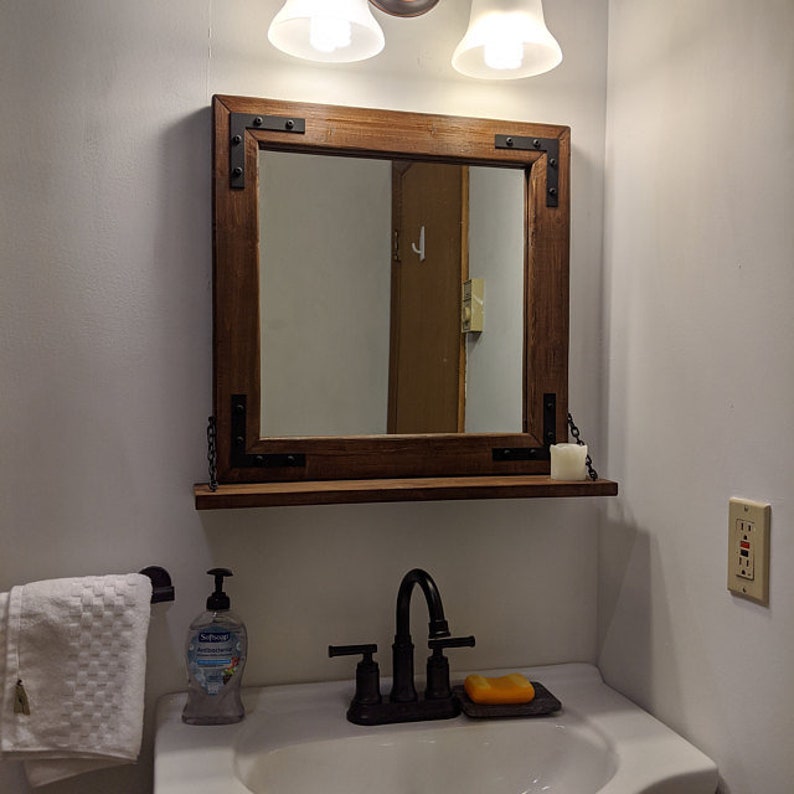 Solid Wood Rustic Industrial Wall Mirror With Shelf Etsy