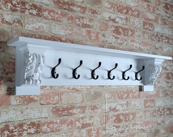 White Wall Coat Rack, With Black Hooks