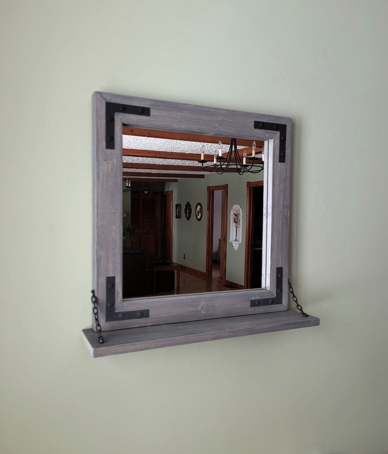 Solid Wood Rustic Industrial Wall Mirror With Shelf Etsy