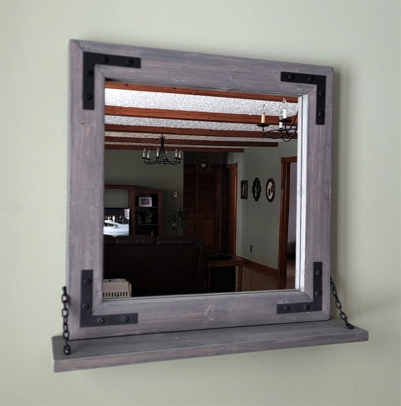 Solid Wood Rustic Industrial Wall Mirror With Shelf Etsy