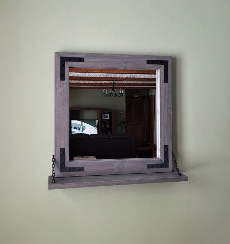 Solid Wood Rustic Industrial Wall Mirror With Shelf Etsy