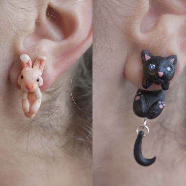 boucles d’oreilles en pâte de polymère lapin et chat