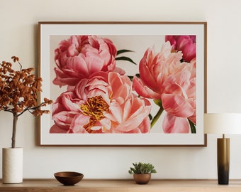 Roze pioenrozen foto, botanische muurkunst, grote bloemenprint, stilleven bloemendecor, moderne bloemsierkunst, pioenroosprint