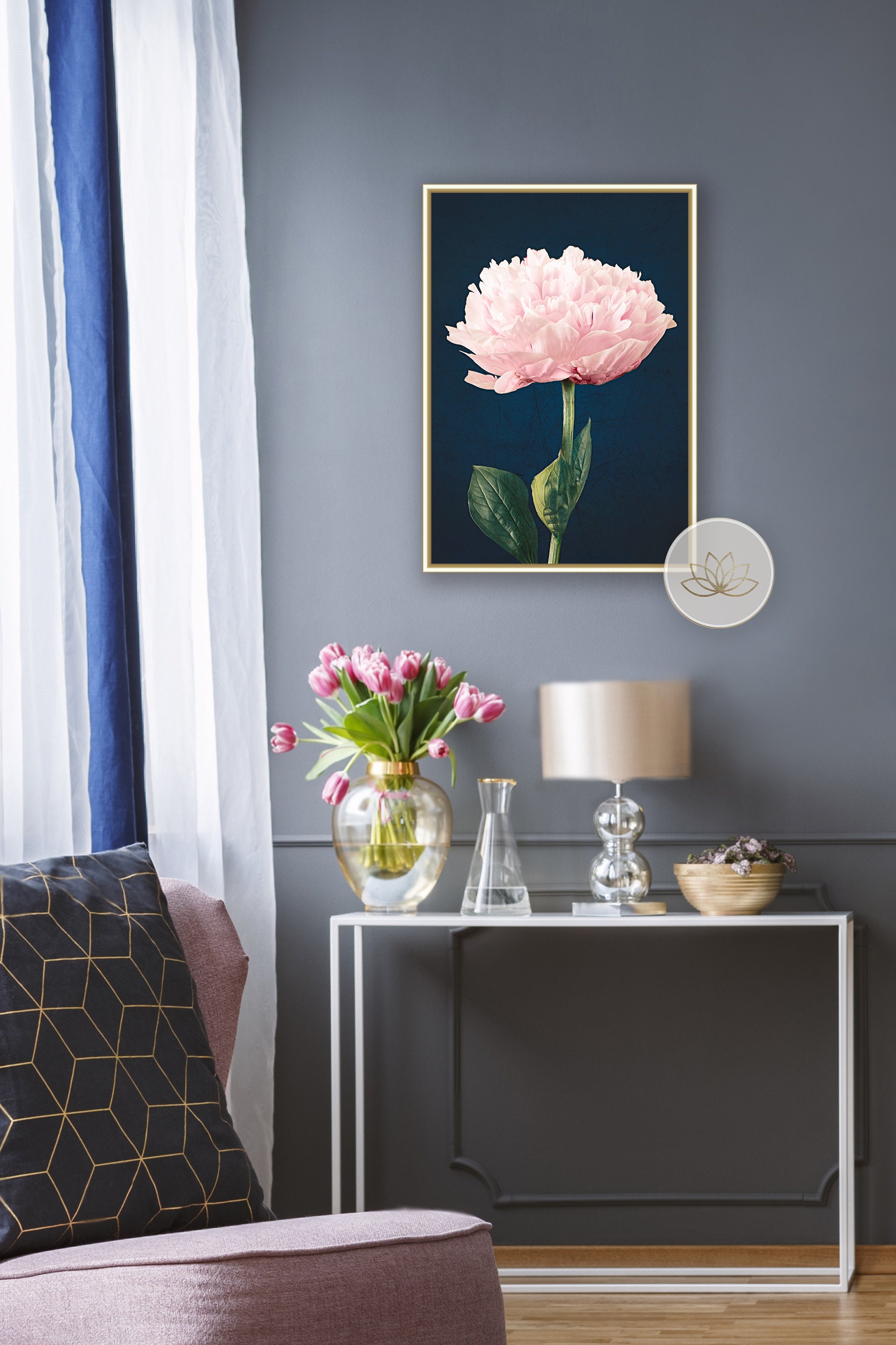 Botanical Print Pink Navy Wall Art Peony Poster Digital Download Gift For Her Bedroom Decor Large Wall Art