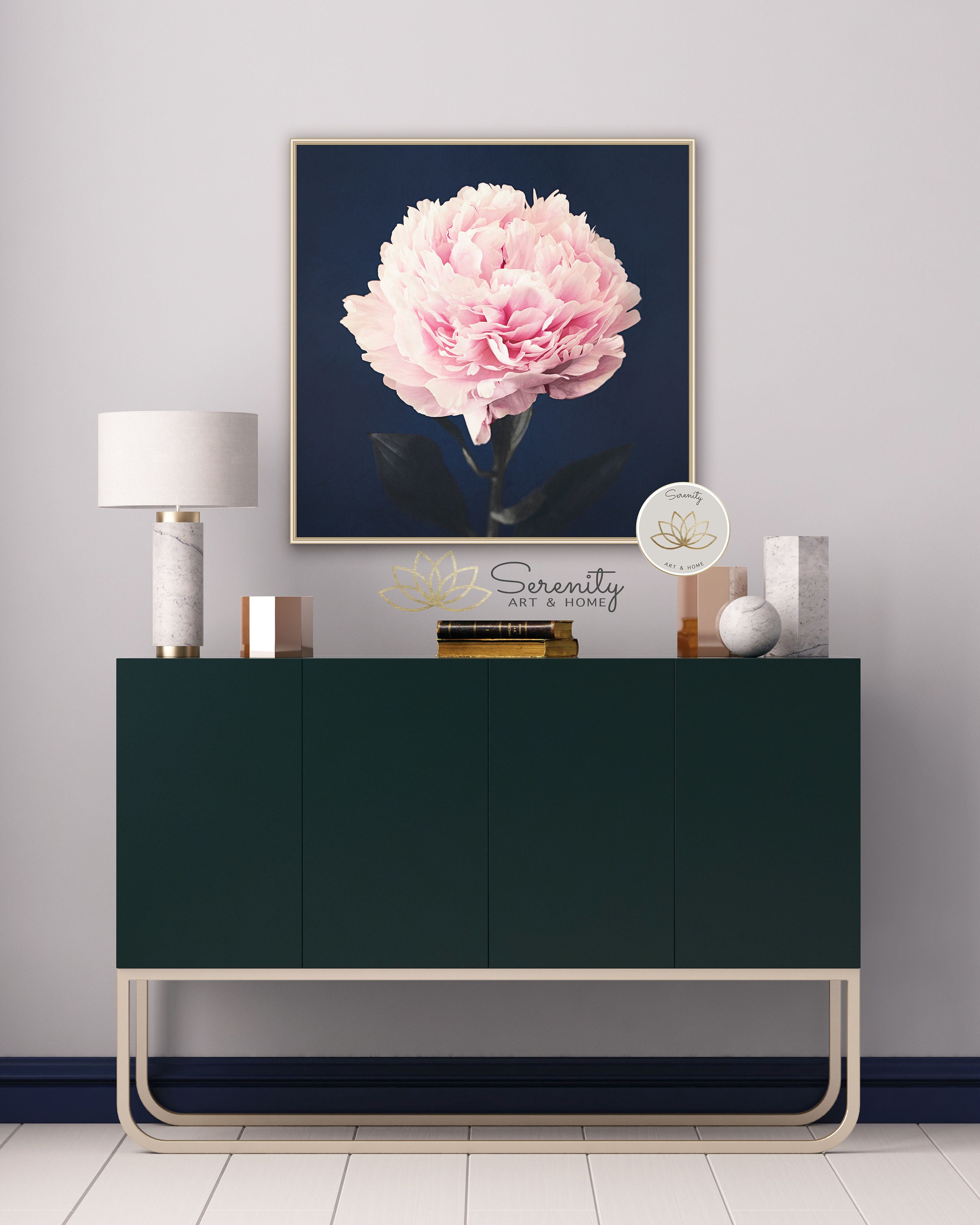 Oversized Peony Print, Pink and Navy Wall Art, Botanical Print, Large Wall Art, Floral Art ...