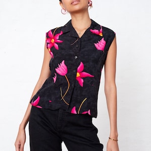 Vintage Black Floral Top Small Medium, Black and Pink Sleeveless Top