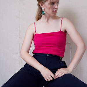Vintage Fuchsia Silk Top Medium, Y2K Ruched Spaghetti Strap Top UK 12-14 US 8-10 EU 40-42