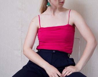 Vintage Fuchsia Silk Top Medium, Y2K Ruched Spaghetti Strap Top UK 12-14 US 8-10 EU 40-42