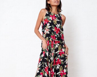 Vintage Floral 90s Halter Neck Dress Small Medium, Black A-Line Flare Summer Dress, Floral Midi Dress