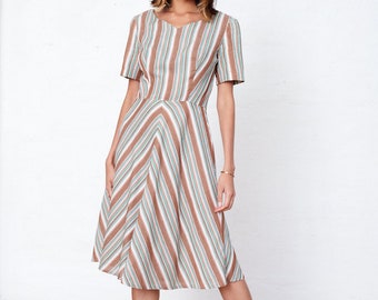 70s Stripe Dress Small Medium, A-Line Dress Size 8-10 UK, Knee Length Summer Dress