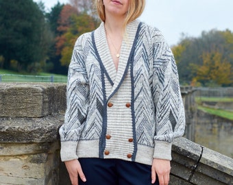 Cardigan Vintage Wool Mix Media Grande, Cardigan Chunky Beige e Grigio, Cardigan Oversize