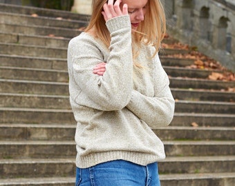 Vintage Flecked Beige Maglione Large, Oversize Beige Cotone Pullover Jumper UK 12-16 US 8-12 EU 40-44