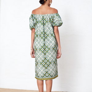 Off The Shoulder Wax Print Dress Small, Cotton Summer Dress Size 6-8, Boho Green Summer Shift Dress, Puffy Sleeve Dress image 5