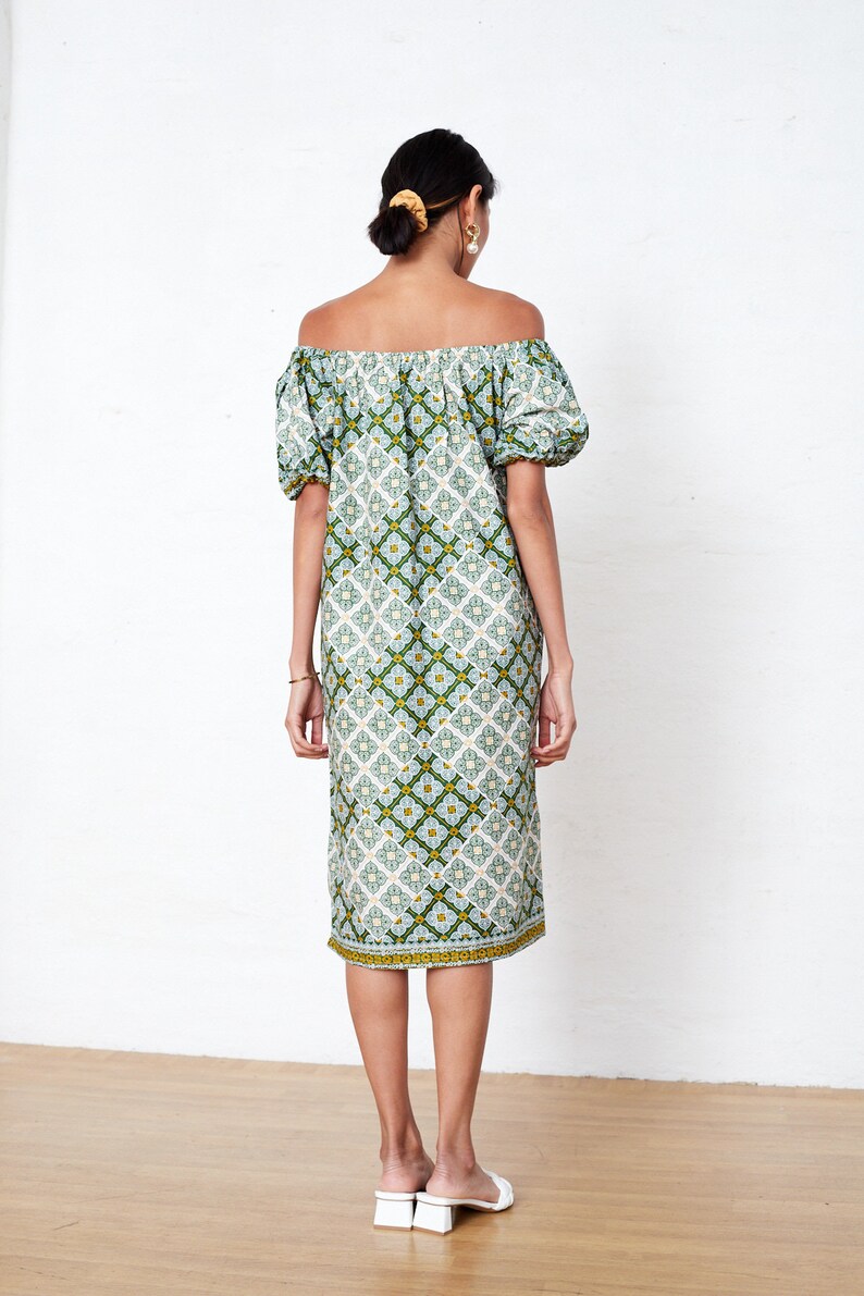 Off The Shoulder Wax Print Dress Small, Cotton Summer Dress Size 6-8, Boho Green Summer Shift Dress, Puffy Sleeve Dress image 5