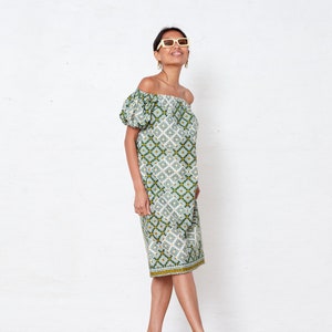 Off The Shoulder Wax Print Dress Small, Cotton Summer Dress Size 6-8, Boho Green Summer Shift Dress, Puffy Sleeve Dress image 7