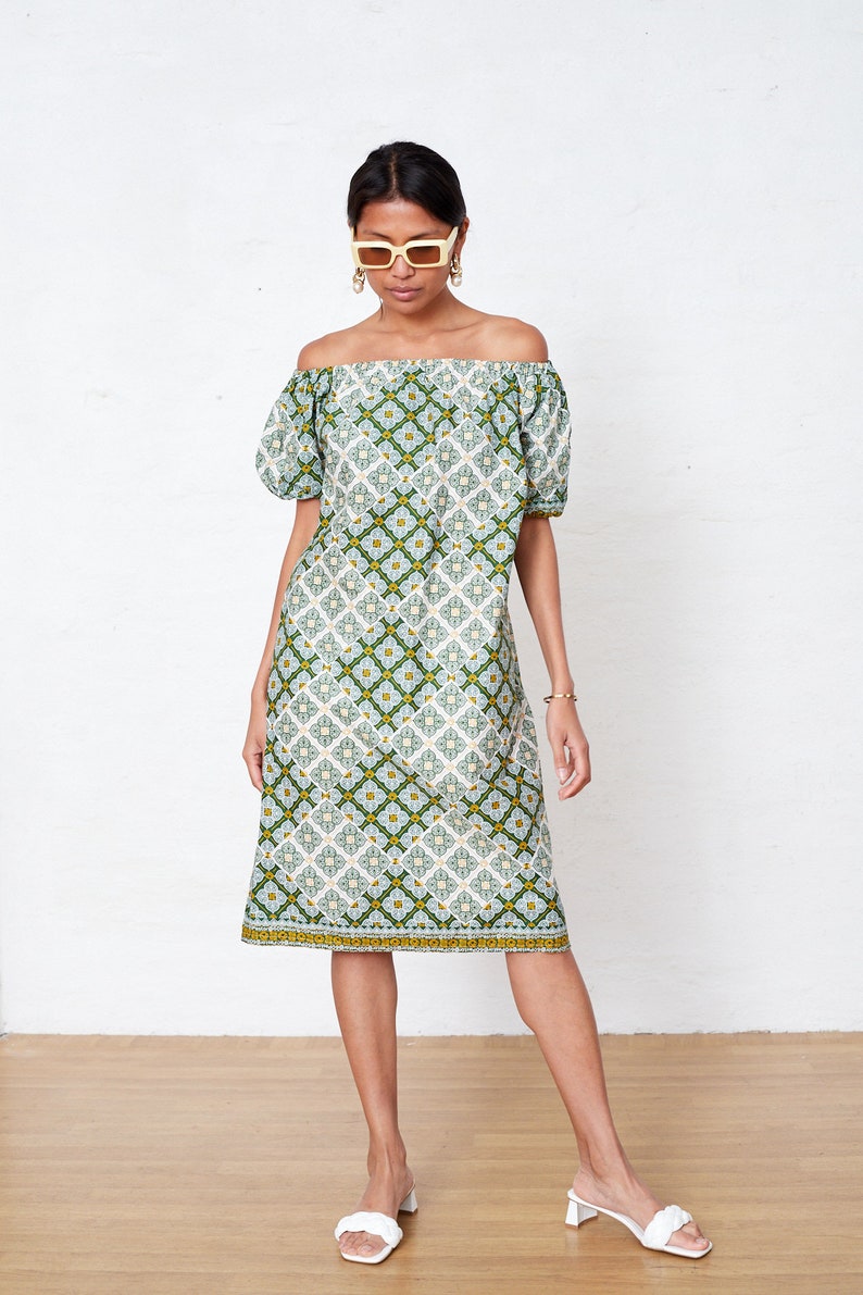 Off The Shoulder Wax Print Dress Small, Cotton Summer Dress Size 6-8, Boho Green Summer Shift Dress, Puffy Sleeve Dress image 1