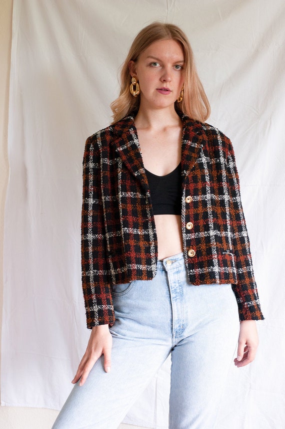 Vintage 80s Blazer Medium Large, Black Cropped Jacket, White Brown And Red Checked Blazer, Blazer Large Size UK 12 US 8 EU 40