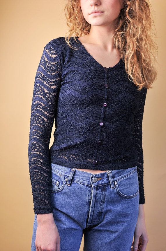 Long Sleeve Lace Top Small Medium, Vintage Navy B… - image 5