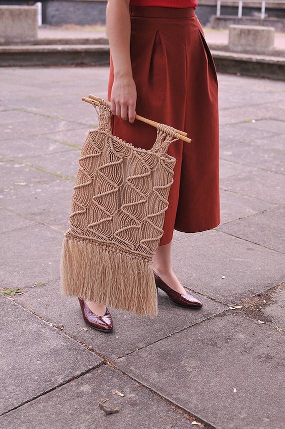 Vintage 70s Woven Macrame Bag, Boho Market Bag Wit