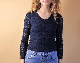 Long Sleeve Lace Top Small Medium, Vintage Navy Blue Lace Blouse, Navy Button Blouse Top, Sheer French Long Sleeve Lace Top, 90s Clothing