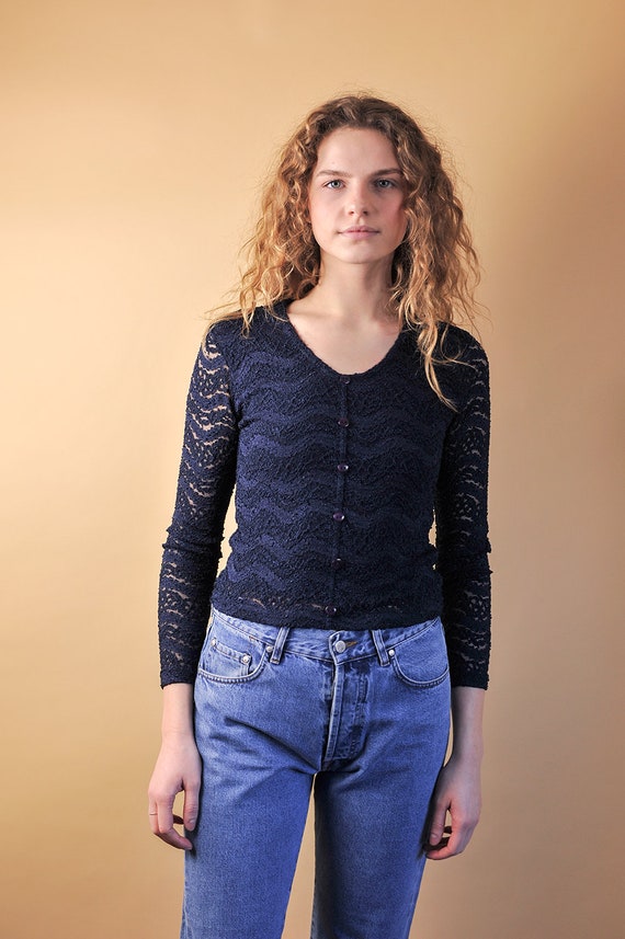 Long Sleeve Lace Top Small Medium, Vintage Navy B… - image 1