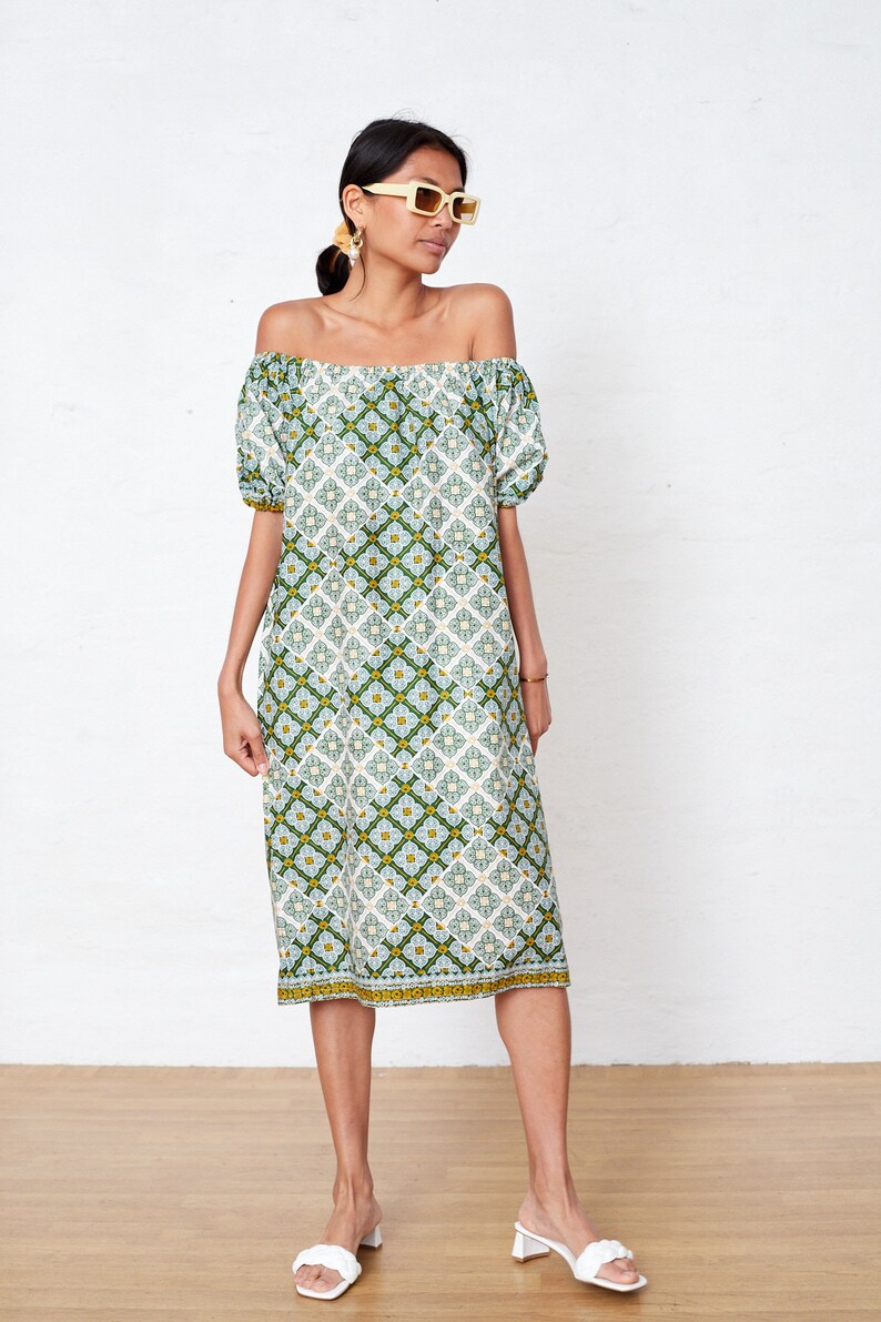 Off The Shoulder Wax Print Dress Small, Cotton Summer Dress Size 6-8, Boho Green Summer Shift Dress, Puffy Sleeve Dress image 6