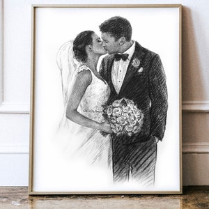 May include: A black and white pencil drawing of a bride and groom kissing. The bride is wearing a white dress and veil, and the groom is wearing a black suit. They are holding a bouquet of flowers.