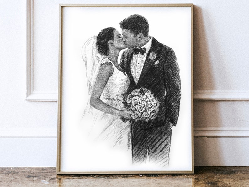 May include: A black and white pencil drawing of a bride and groom kissing. The bride is wearing a white dress and veil, and the groom is wearing a black suit. They are holding a bouquet of flowers.