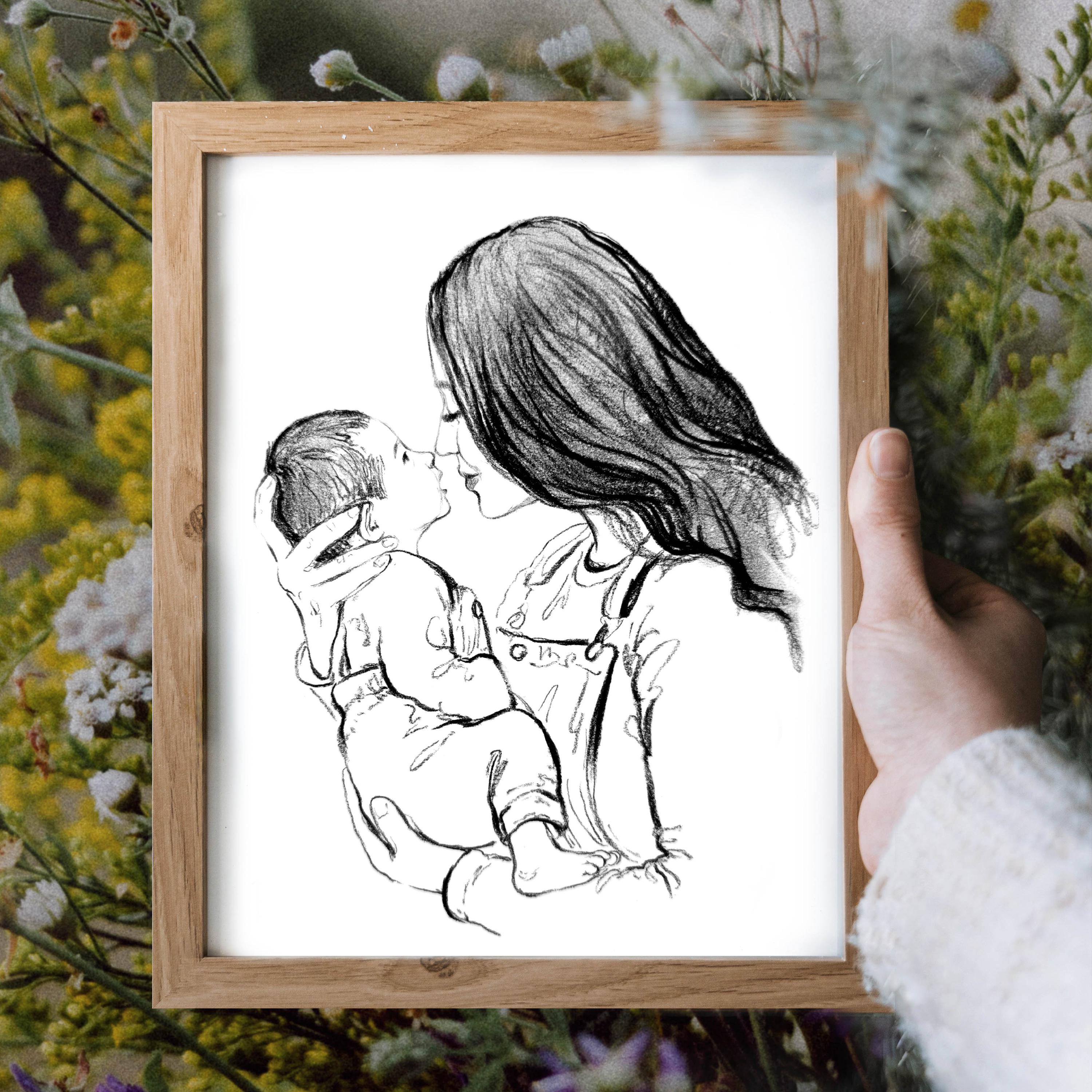 Custom Sketch hand drawn portrait, pencil drawing portrait, hand drawn art, New mom gift, charcoal drawing, Custom Family Portrait, Sketch