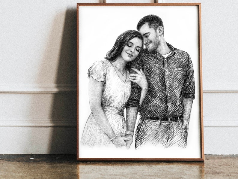 May include: A black and white pencil drawing of a couple. The woman is leaning her head on the man's shoulder. They are both smiling.