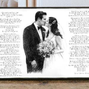 Personalized wedding vows with portrait of newlyweds  Bride and Groom Vows Custom wedding vows Song Lyric Wall Art custom Anniversary Gifts