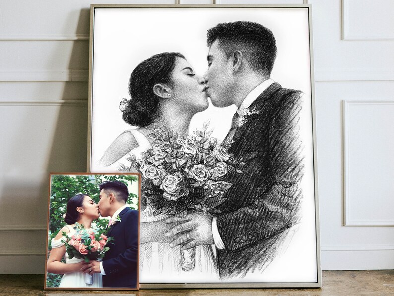 Blyertsteckning, Anpassad teckning, Anpassad skiss från foto, Personlig porträttskiss Alla hjärtans dag-present till henne, till honom, Foto att skissa bild 5