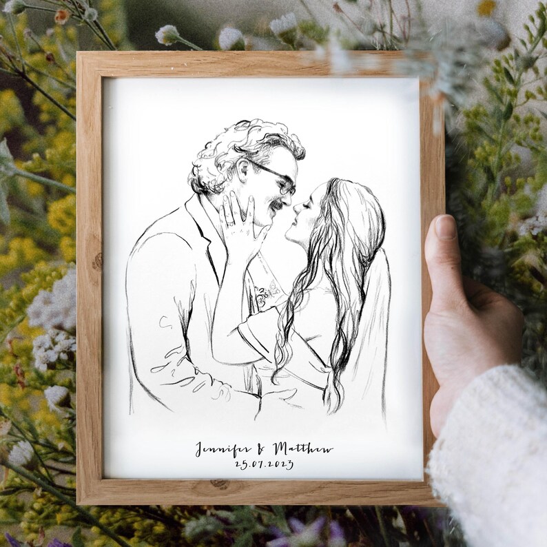 Couple wedding portrait, Custom Sketch hand drawn portrait, Custom drawing from photo, Personalized painting, Anniversary gift for husband image 4
