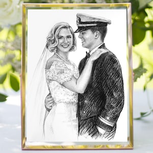 May include: A black and white pencil drawing of a bride and groom. The groom is wearing a military uniform and the bride is wearing a white dress. They are smiling and looking at each other.