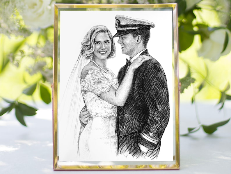 May include: A black and white pencil drawing of a bride and groom. The groom is wearing a military uniform and the bride is wearing a white dress. They are smiling and looking at each other.