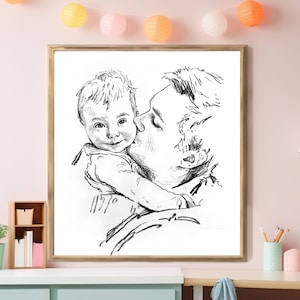 Fars dag-present, Anpassad linjeteckning, Anpassad familjeteckning från foto, Anpassad morfarspresent, Familjeporträtt från foto, Present till pappa