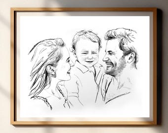 Tableau de portrait de famille personnalisé dessiné à la main, tableau de famille minimal, dessin de famille personnalisé au fusain, cadeau portrait de famille, croquis personnalisé